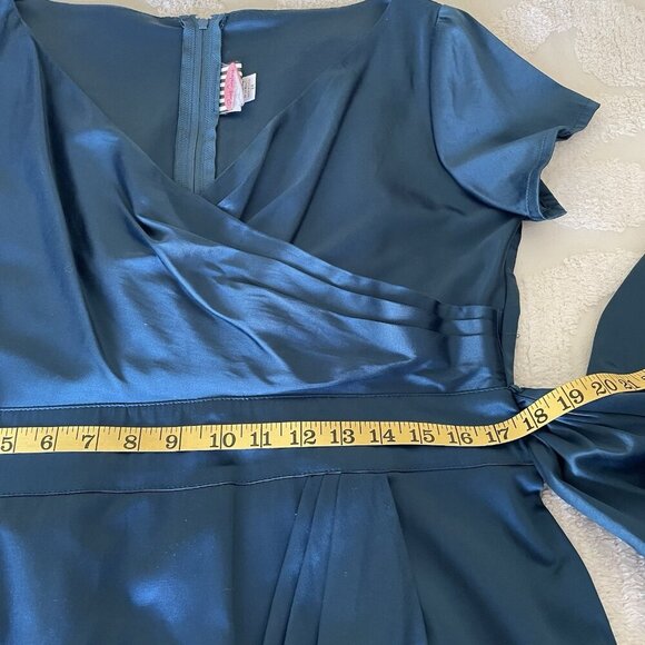 Pinup Couture Ava Faux Wrap Wiggle Dress Turquoise Satin 2X Retro Mad Men Glam - Picture 8 of 10